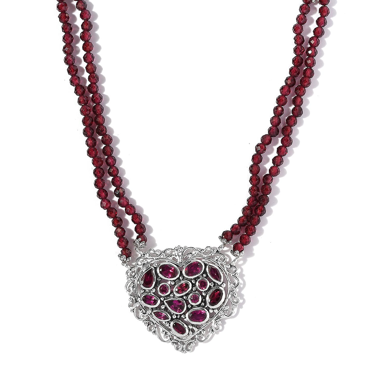 Artisan Crafted Orissa Rhodolite Garnet Beaded Heart Shape Necklace 18 Inches in Sterling Silver 60.15 ctw