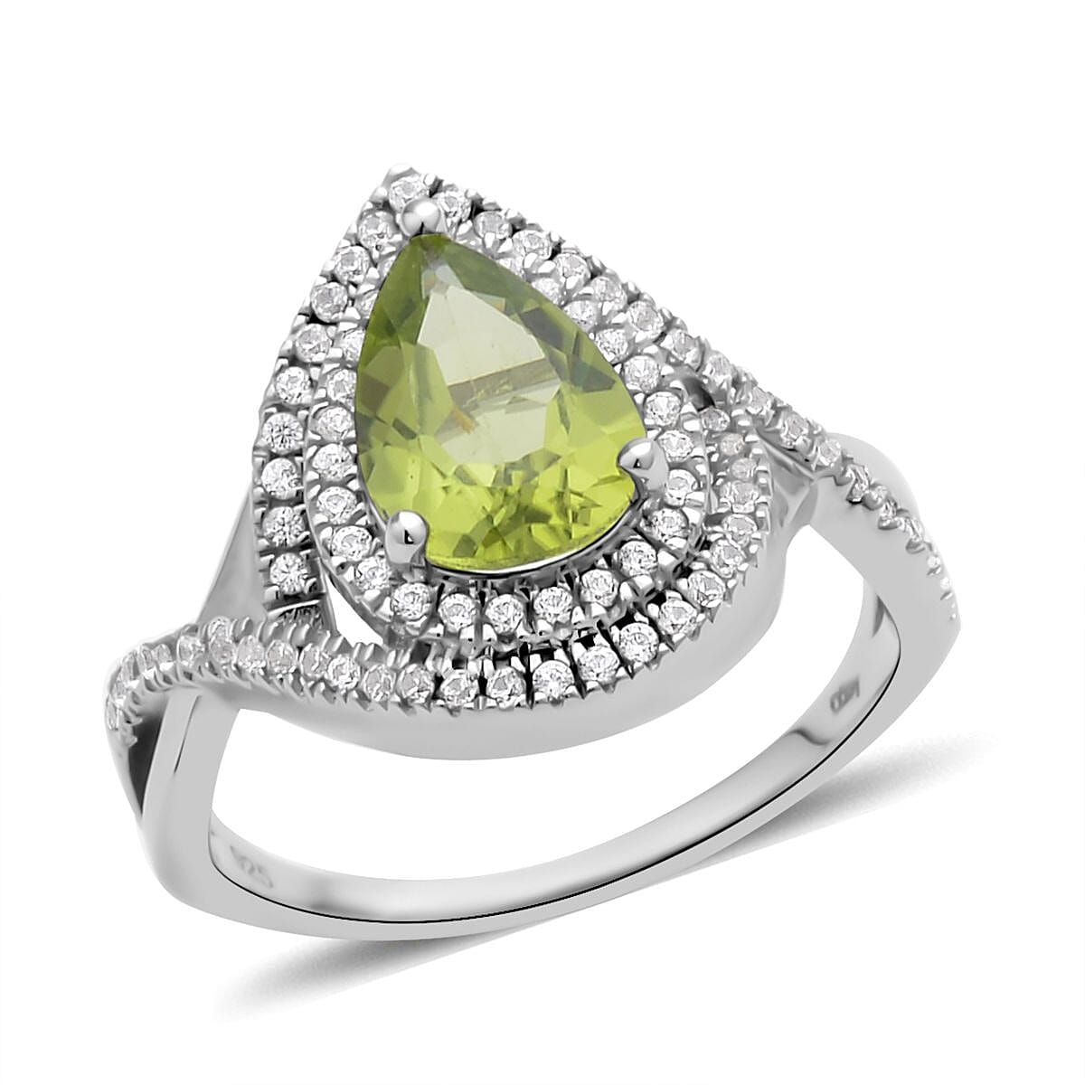 Peridot, White Zircon Infinity Shank Ring in Rhodium Over Sterling Silver (Size 10.0) 2.50 ctw