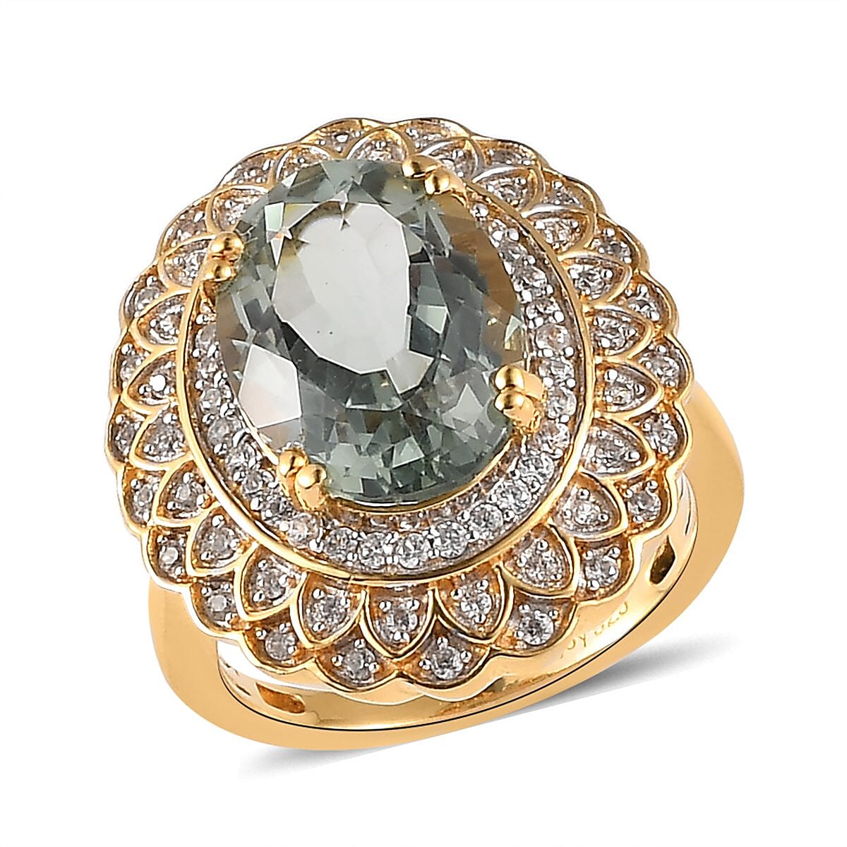 AAA Montezuma Prasiolite and Natural White Zircon Floral Ring in Vermeil Yellow Gold Over Sterling Silver (Size 10.0) 6.35 ctw