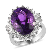 AAA Amethyst, Natural White Zircon Halo Ring in Platinum Over Sterling Silver (Size 10.0) 13.35 ctw