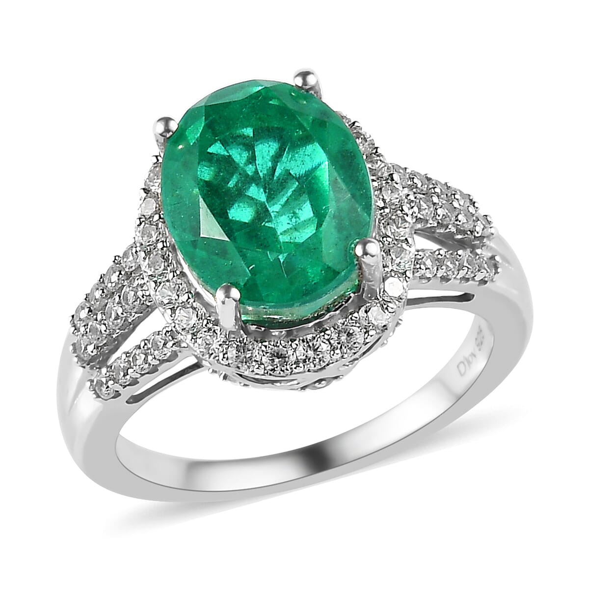 Emeraldine Quartz (Triplet) and Natural White Zircon Split Shank Ring in Platinum Over Sterling Silver (Size 10.0) (Delivery in 7-10 Business Days) 5.50 ctw