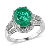 Emeraldine Quartz (Triplet) and Natural White Zircon Split Shank Ring in Platinum Over Sterling Silver (Size 10.0) (Delivery in 7-10 Business Days) 5.50 ctw