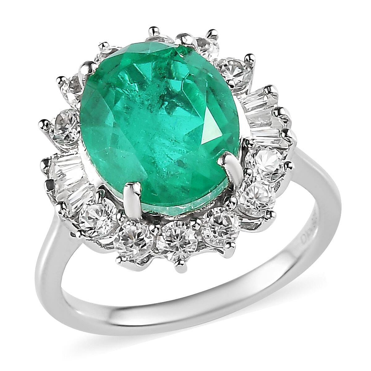 Emeraldine Quartz (Triplet) and Natural White Zircon Sunburst Ring in Platinum Over Sterling Silver (Size 9.0) (Delivery in 7-10 Business Days) 5.80 ctw