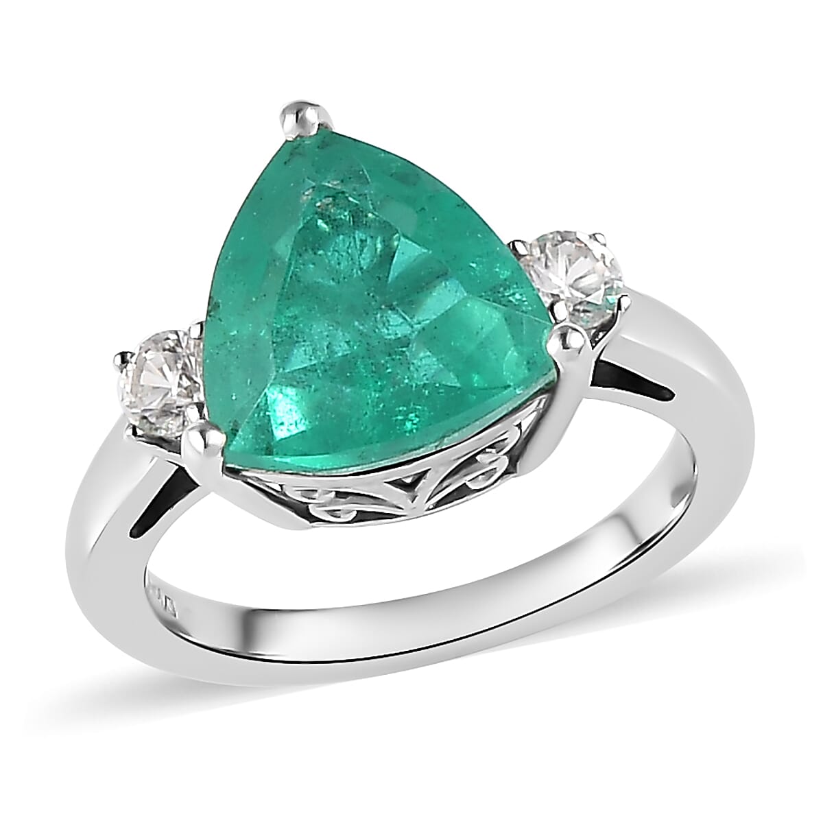 Emeraldine Quartz (Triplet) and Natural White Zircon 3 Stone Ring in Platinum Over Sterling Silver (Delivery in 7-10 Business Days) 4.10 ctw