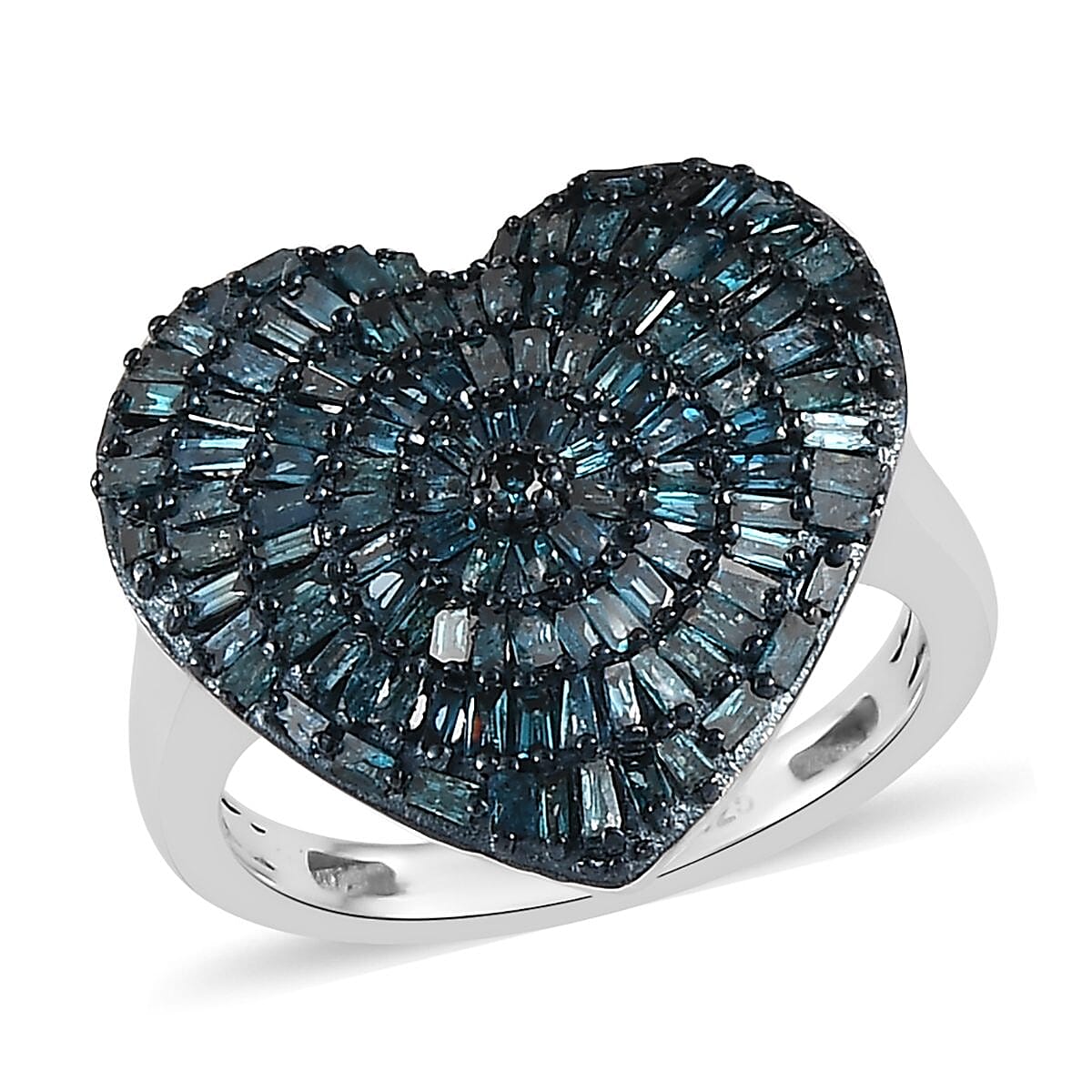 TLV Blue Diamond (IR) Heart Ring in Rhodium & Platinum Over Sterling Silver (Size 10.0) 1.00 ctw
