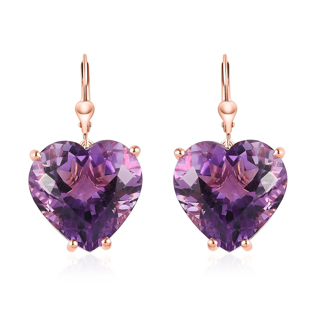 TLV Rose De France Amethyst Heart Shape Lever Back Earrings in Vermeil RG Over Sterling Silver 39.35 ctw