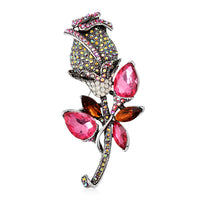 Fuchsia and Brown Glass, Multi Color Austrian Crystal Rose Flower Brooch in Silvertone