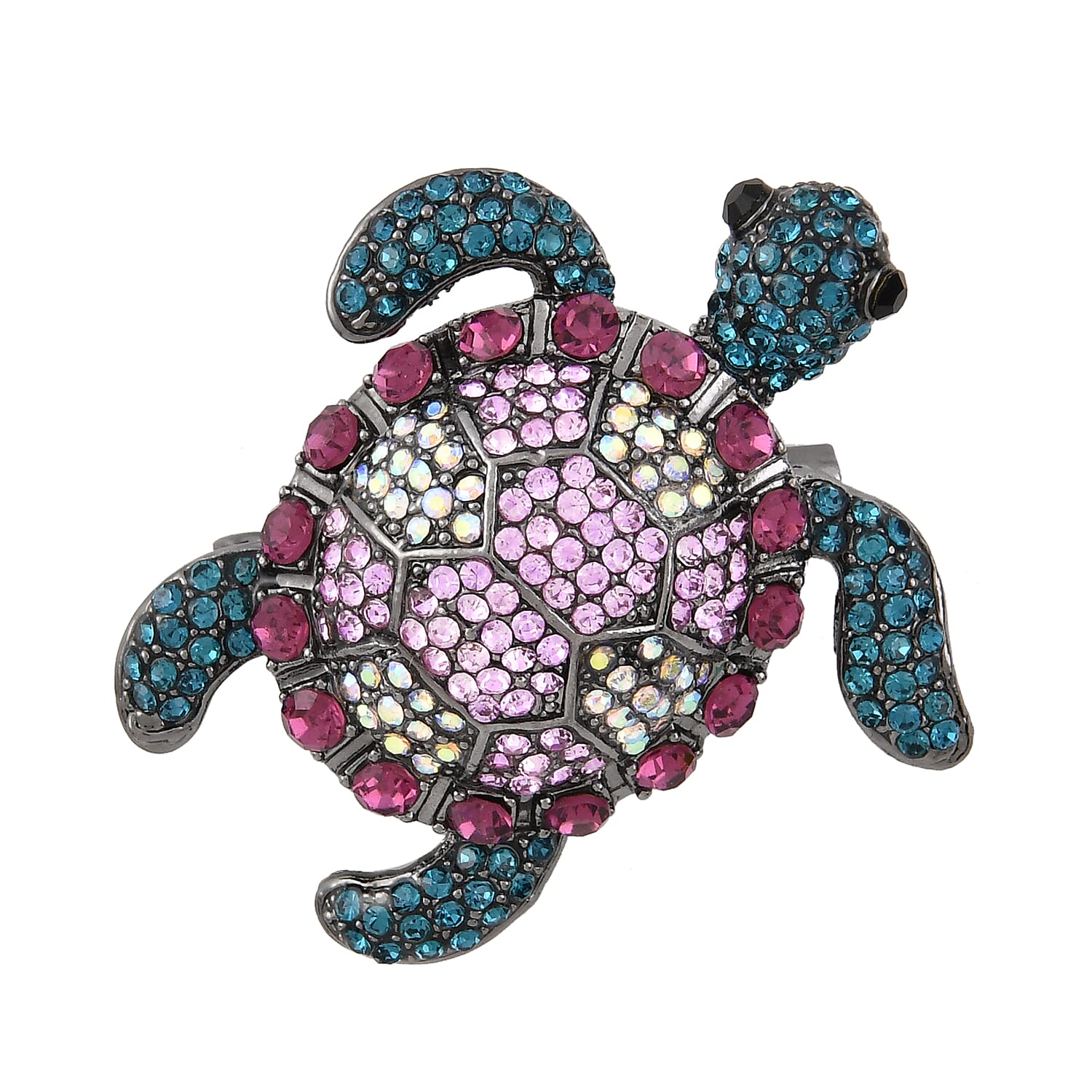 Multi Color Austrian Crystal Turtle Brooch in Black Silvertone