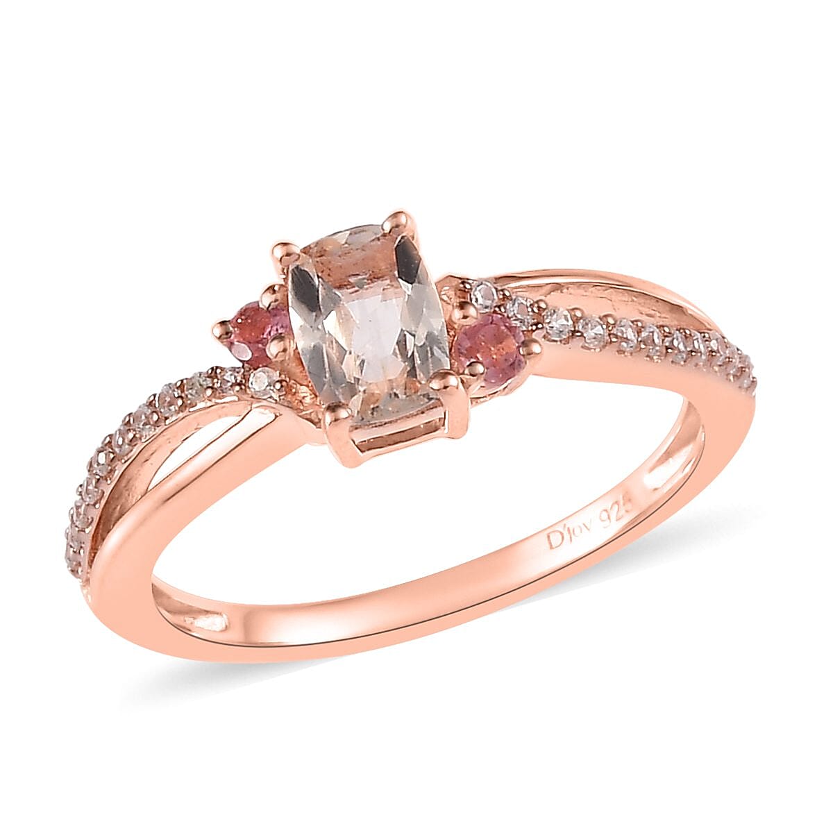 Premium Marropino Morganite and Multi Gemstone Split Shank Ring in Vermeil Rose Gold Over Sterling Silver (Size 10.0) 0.75 ctw