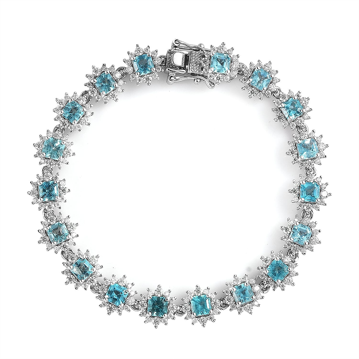 Madagascar Paraiba Apatite and Moissanite Cluster Bracelet in Platinum Over Sterling Silver (6.50 In) 10.35 Grams 10.00 ctw