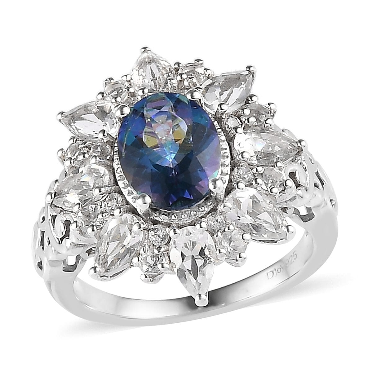 Brazilian Blue and White Petalite, Natural White Zircon Sunburst Ring in Platinum Over Sterling Silver 3.15 ctw