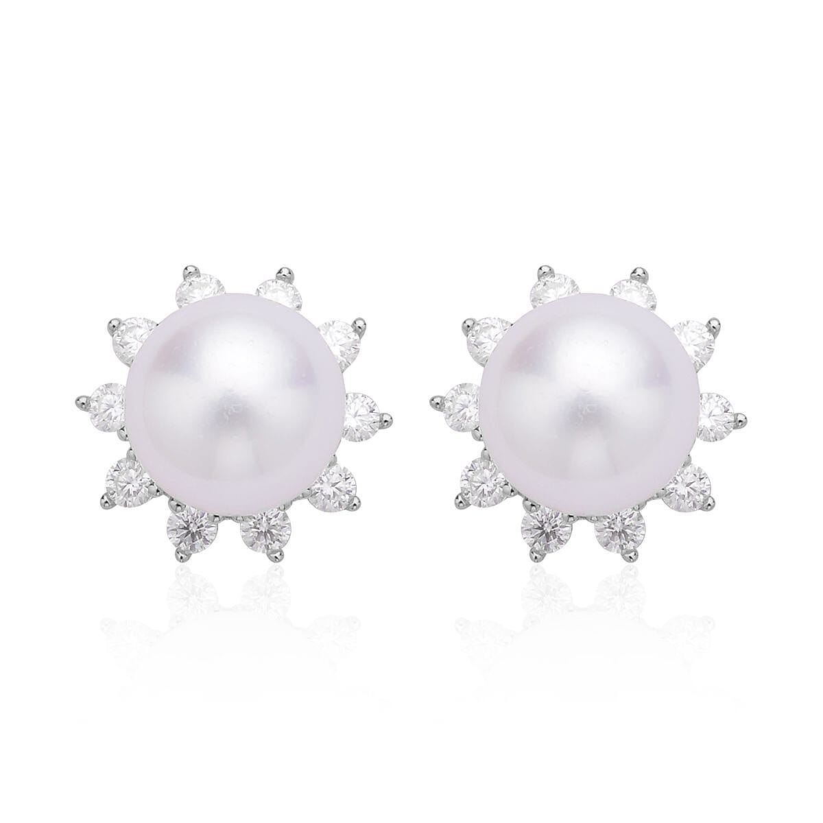 White Edison Pearl 10-11mm and Moissanite Stud Earrings in Sterling Silver 1.20 ctw