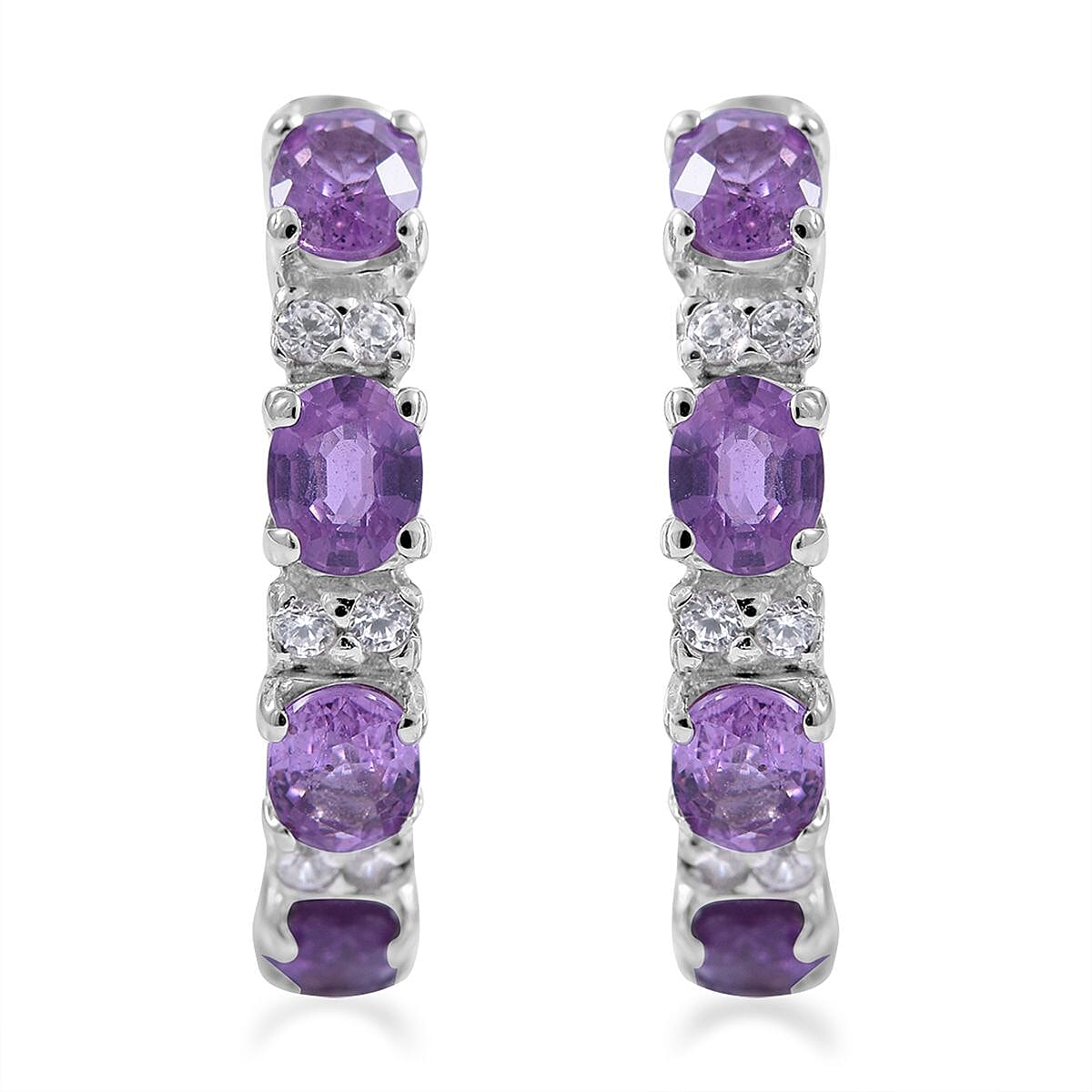 Madagascar Purple Sapphire and White Zircon Hoop Earrings in Platinum Over Sterling Silver 1.75 ctw