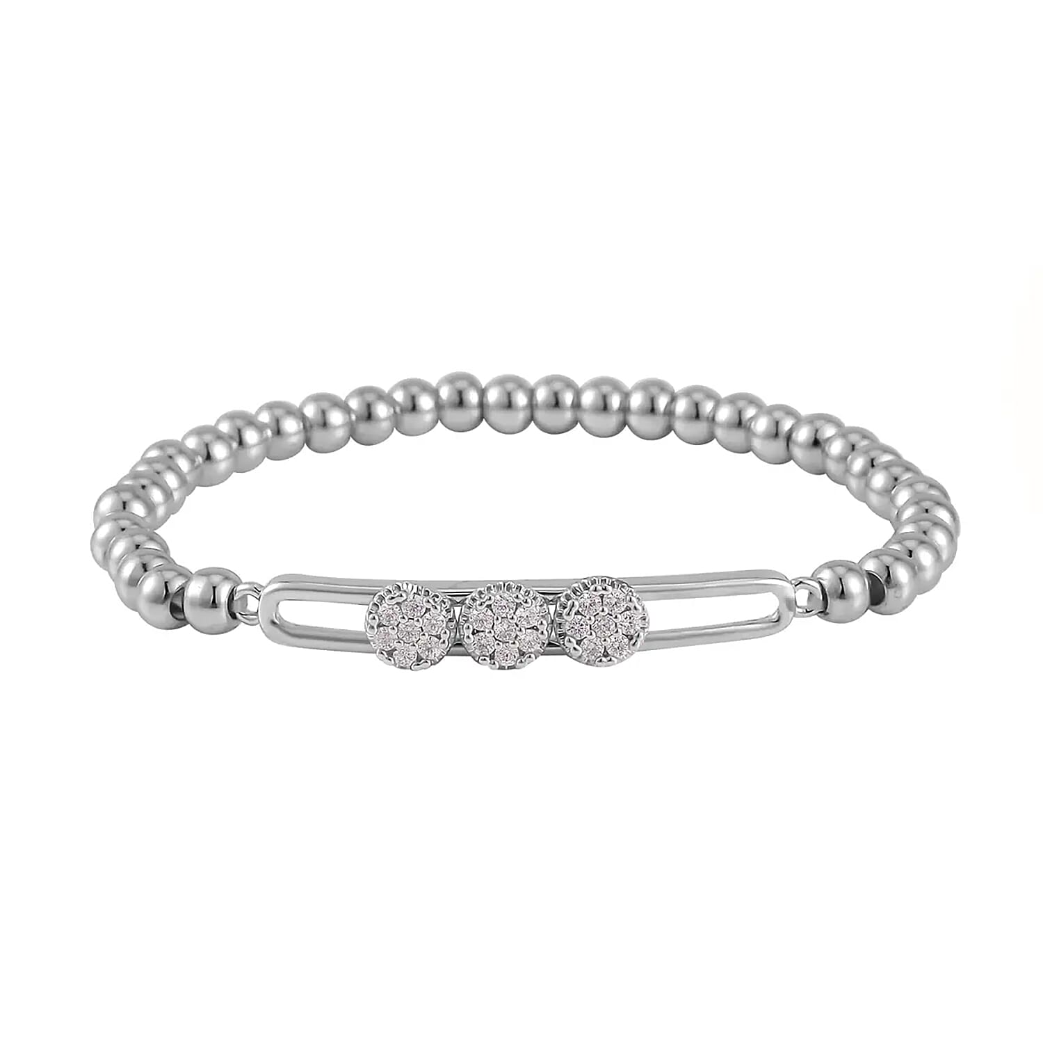 Simulated Diamond, Silvertone Beaded Stretch Bracelet 0.10 ctw