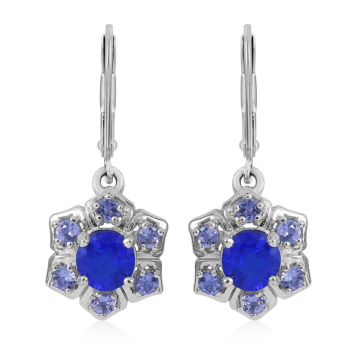 Tanzanian Blue Spinel (DF) and Tanzanite Floral Lever Back Earrings in Platinum Over Sterling Silver 2.75 ctw