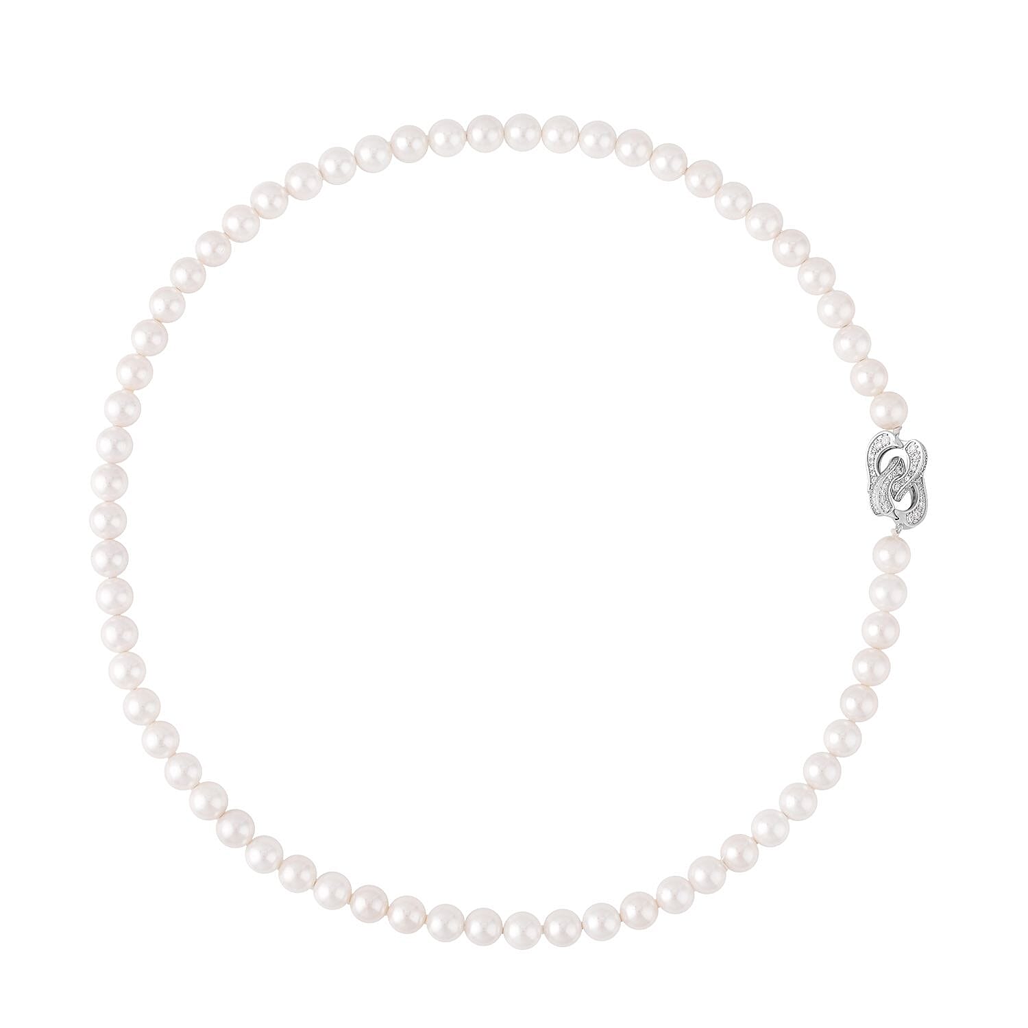White Color Shell Pearl and Simulated Diamond Beaded Necklace 22 Inches in Silvertone 0.50 ctw