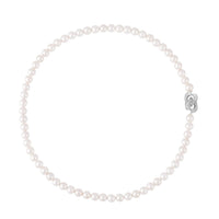 White Color Shell Pearl and Simulated Diamond Beaded Necklace 22 Inches in Silvertone 0.50 ctw