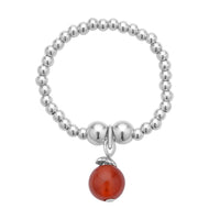 Beaded Stretch Ring with Red Agate Charm in Rhodium Over Sterling Silver (Size 7-10) 0.60 ctw