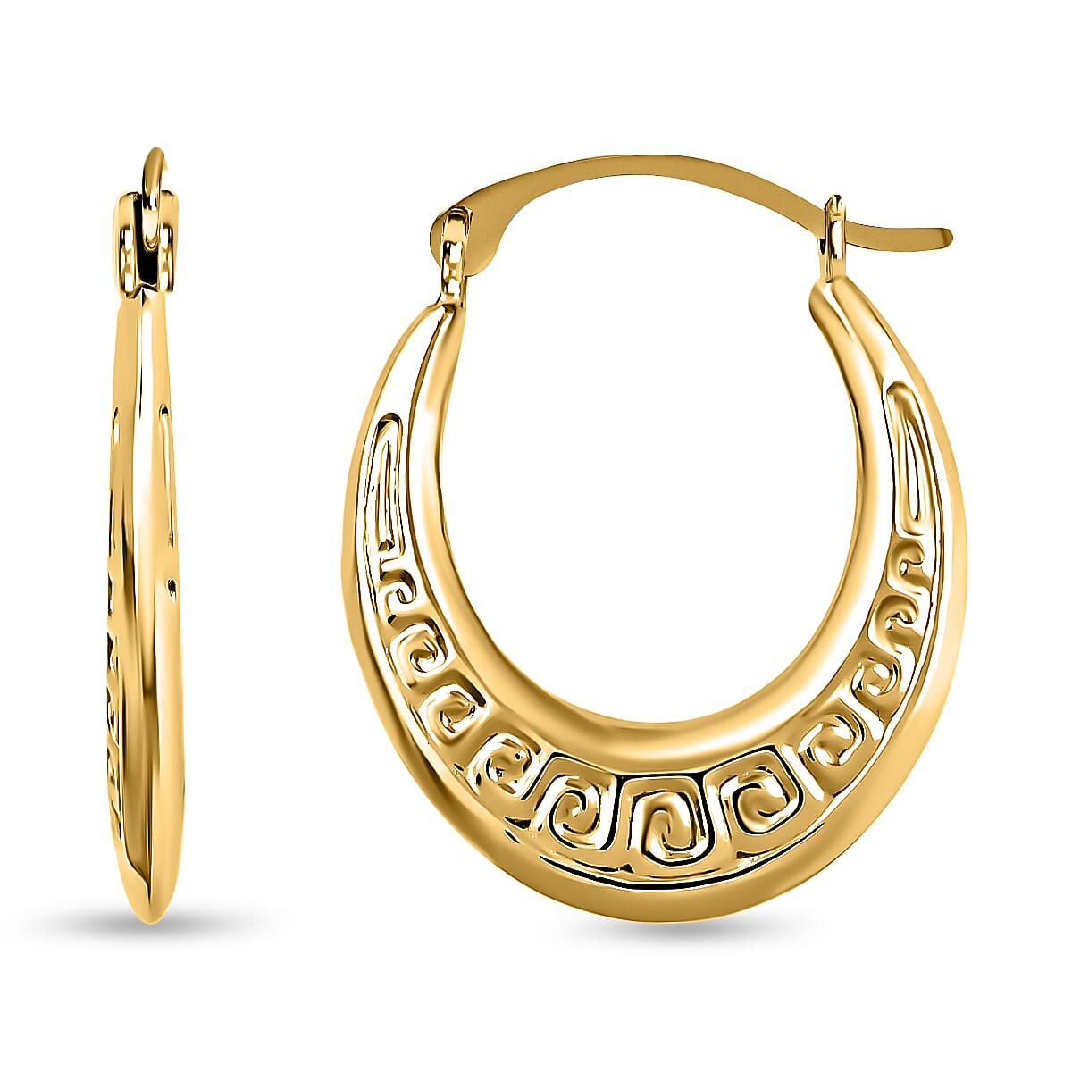 14K Yellow Gold Hoop Earrings, Gold Earrings For Her, Greek Key Hoop Earrings