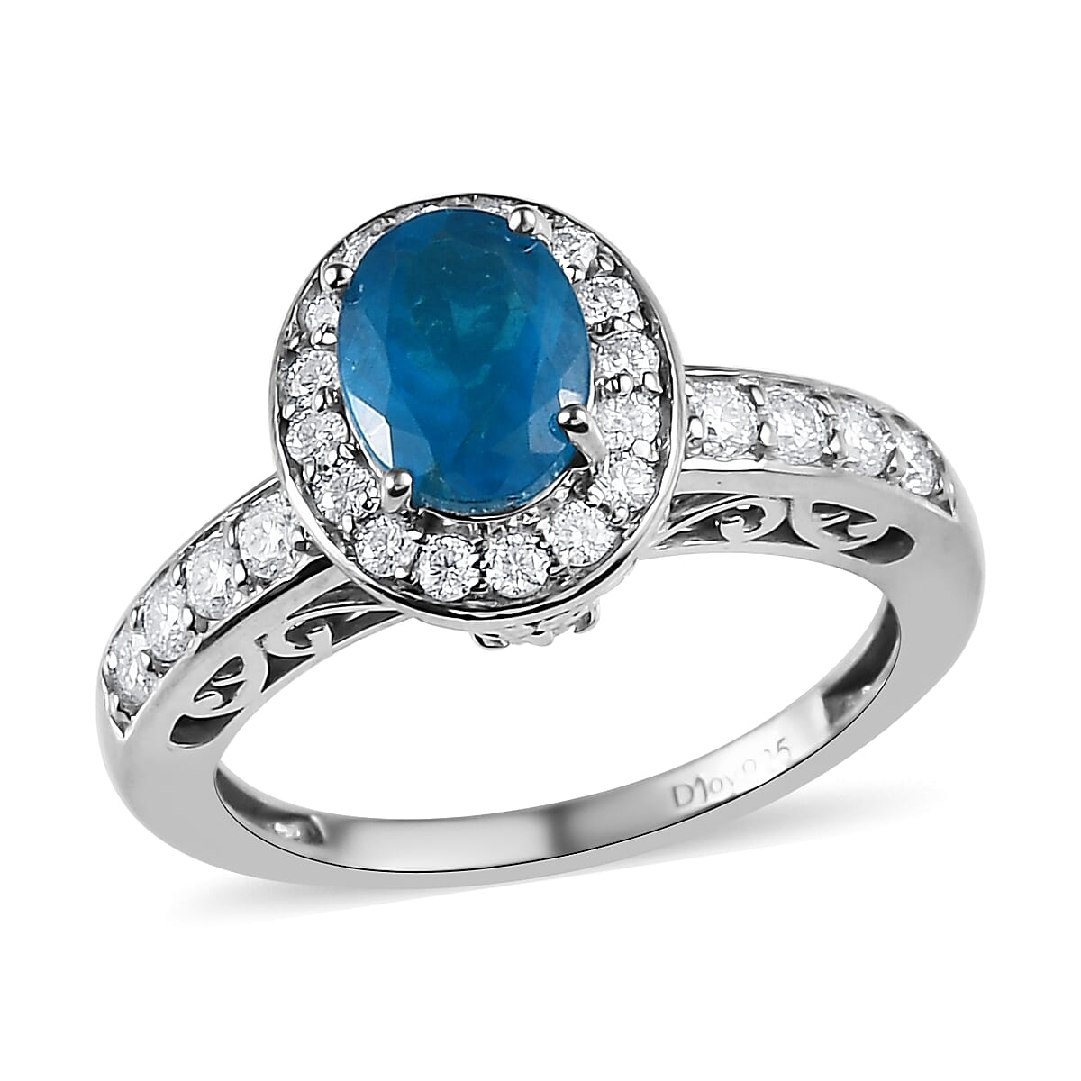 Malgache Neon Apatite and Moissanite Halo Ring in Platinum Over Sterling Silver (Size 10.0) 1.75 ctw