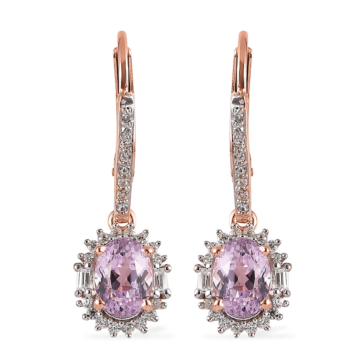 Premium Martha Rocha Kunzite and White Zircon Lever Back Earrings in Vermeil Rose Gold Over Sterling Silver 2.90 ctw