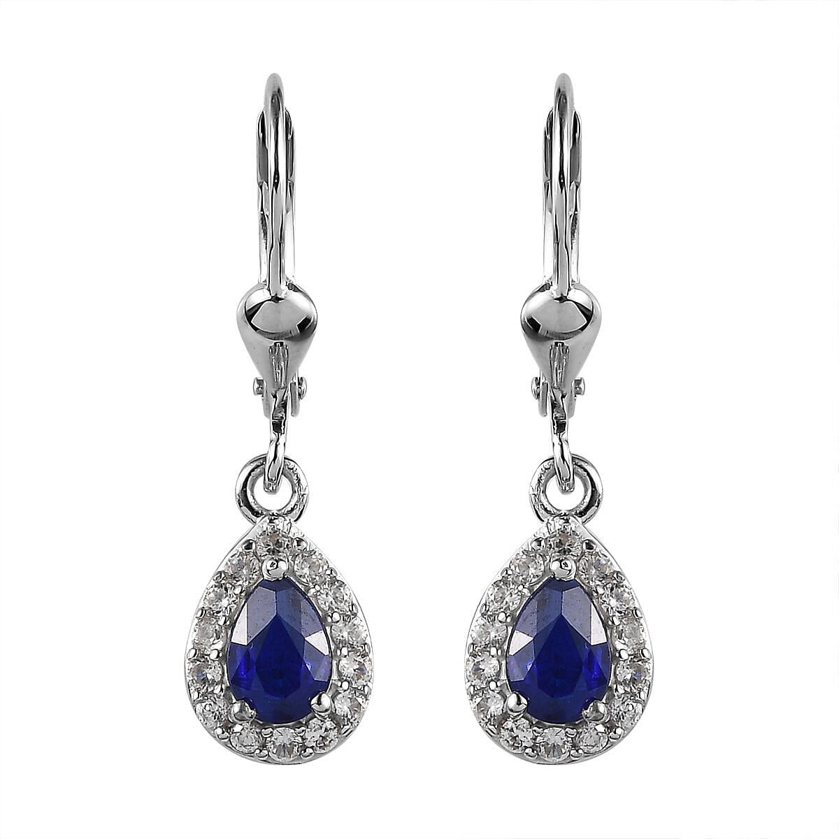 Tanzanian Blue Spinel (DF) and White Zircon Lever Back Earrings in Platinum Over Sterling Silver 1.25 ctw