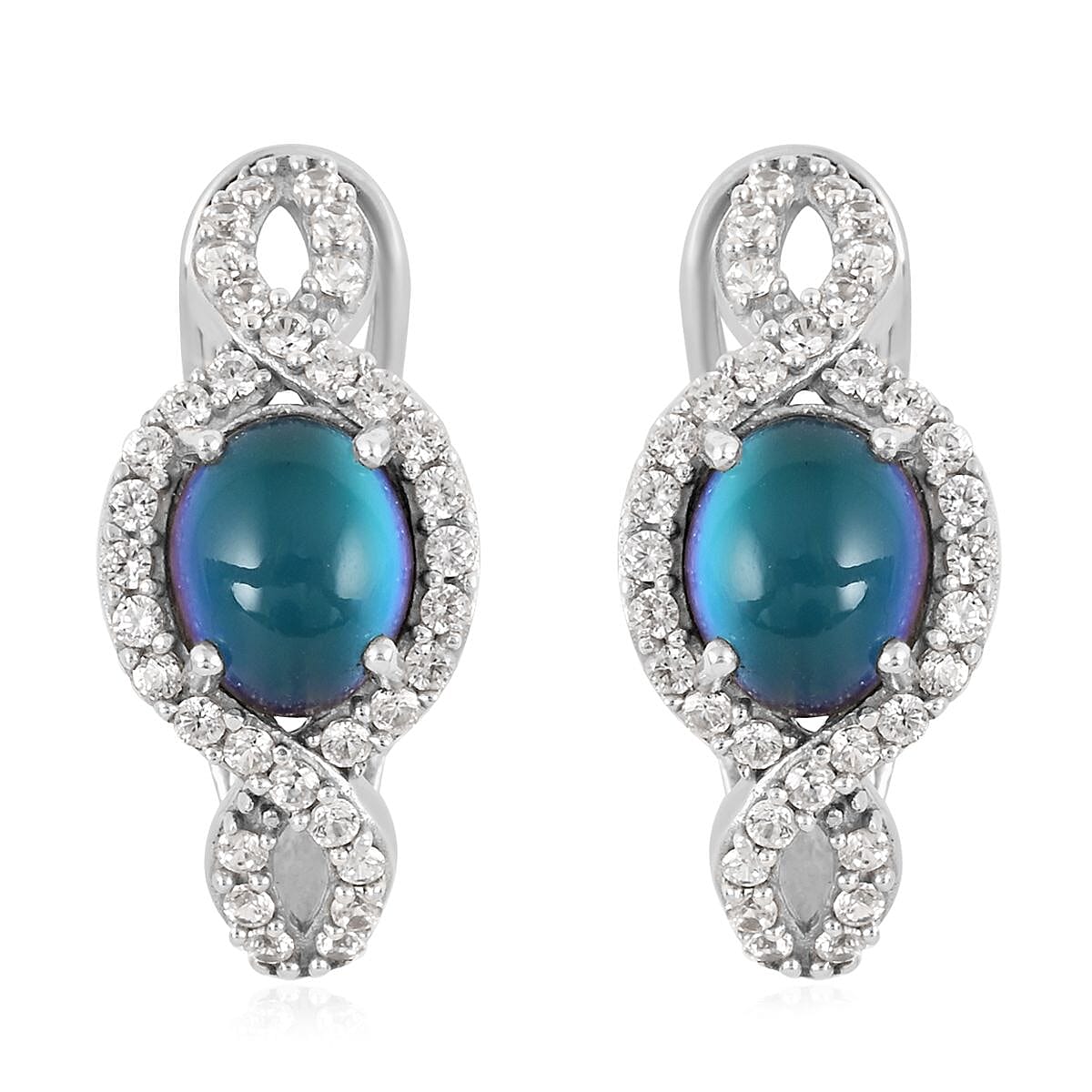 Aurora Moonstone (D) and White Zircon Omega Clip Earrings in Platinum Over Sterling Silver 5.50 ctw