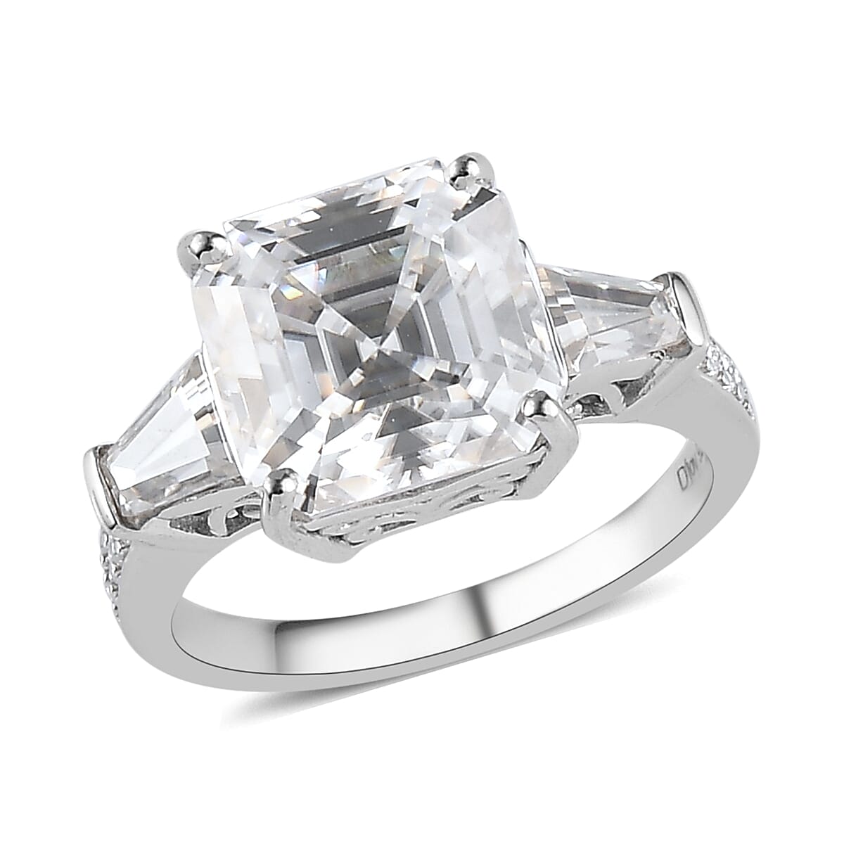 Step Cut Moissanite (Oct 10x10mm) Ring in Platinum Over Sterling Silver (Size 10.0) 6.25 ctw