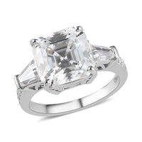 Step Cut Moissanite (Oct 10x10mm) Ring in Platinum Over Sterling Silver (Size 10.0) 6.25 ctw