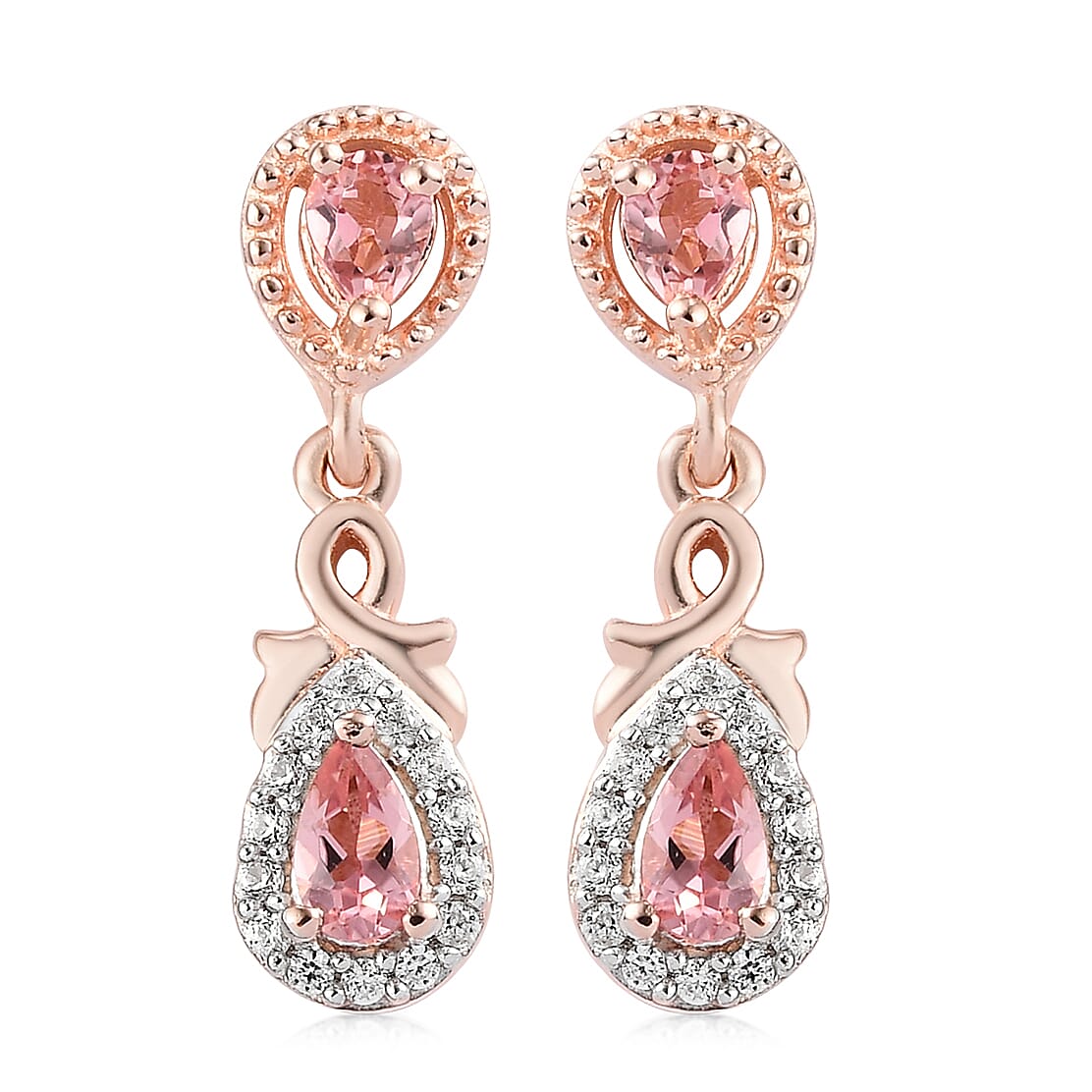 Natural Blush Tourmaline and Natural White Zircon Dangle Earrings in Vermeil Rose Gold Over Sterling Silver 1.00 ctw