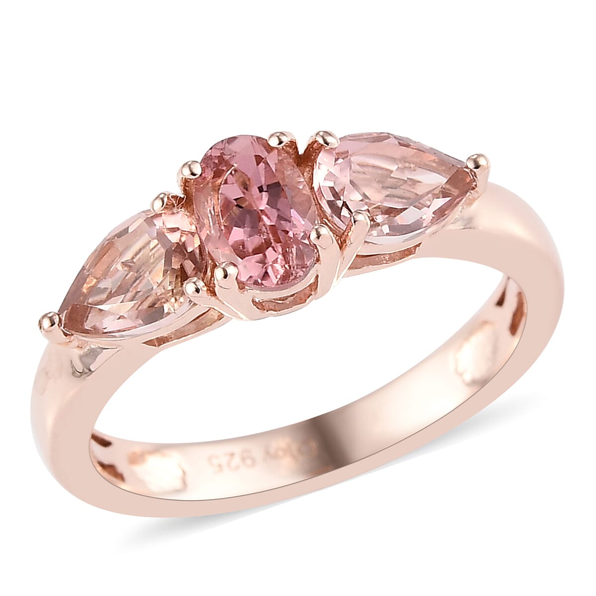 Natural Blush Tourmaline 3 Stone Ring in Vermeil Rose Gold Over Sterling Silver (Size 10.0) 1.25 ctw (1)
