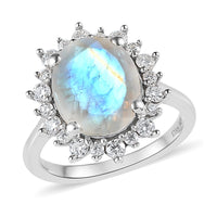 Premium Rainbow Moonstone, Moissanite Sunburst Ring in Platinum Over Sterling Silver (Size 10.0) 4.00 ctw