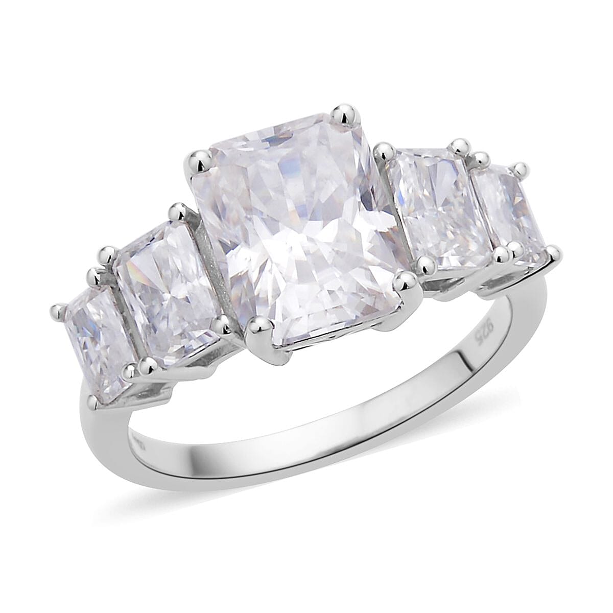 Radiant Cut Moissanite 5 Stone Ring in Rhodium Over Sterling Silver 5.00 ctw