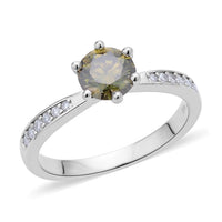 Olive Green and White Moissanite Ring in Rhodium Over Sterling Silver 1.15 ctw