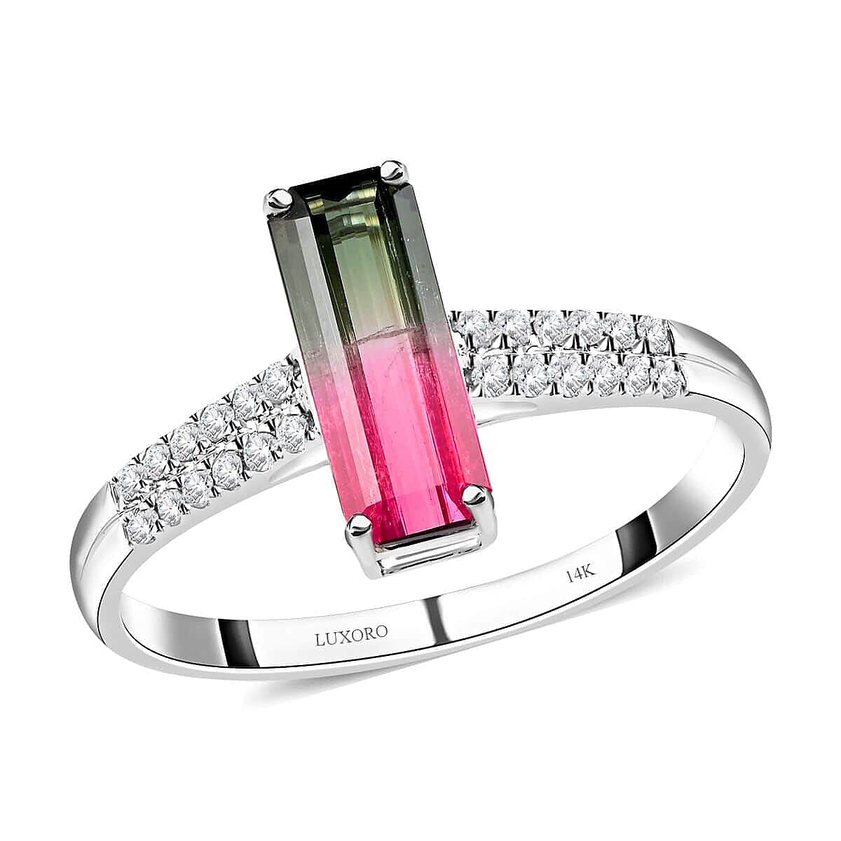 Certified and Appraised LUXORO 14K White Gold AAA Bi-Color Tourmaline and G-H I2 Diamond Ring 2.40 Grams 1.78 ctw