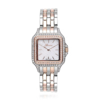 Genoa Simulated Diamond Miyota Japanese Movement Black MOP Dial Watch in Silvertone Strap (33.27mm) (6.0-7.75 Inch) 1.75 ctw