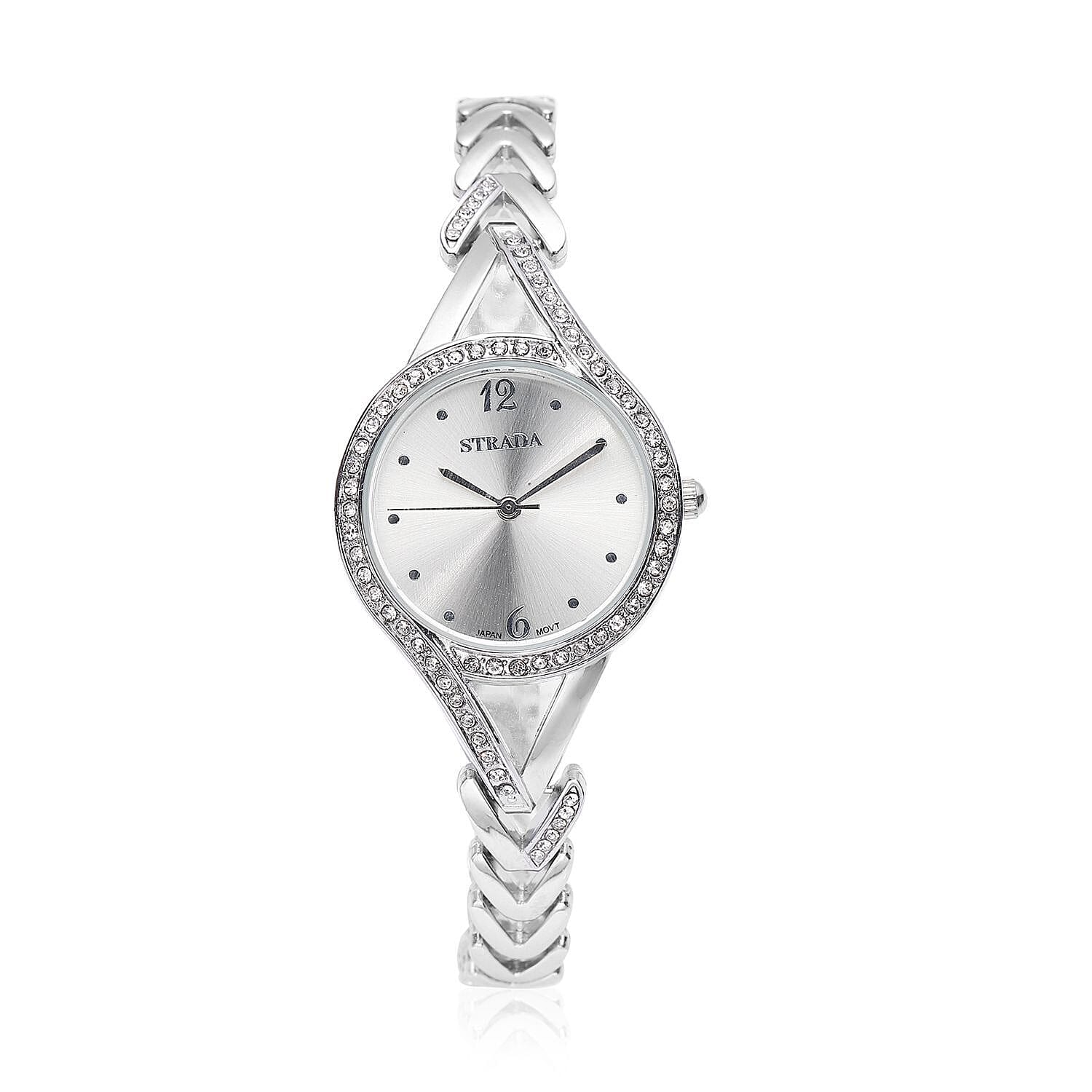 STRADA Austrian Crystal Japanese Movement Watch with Silvertone Strap (30.20mm) (6.50-8.00 Inches)