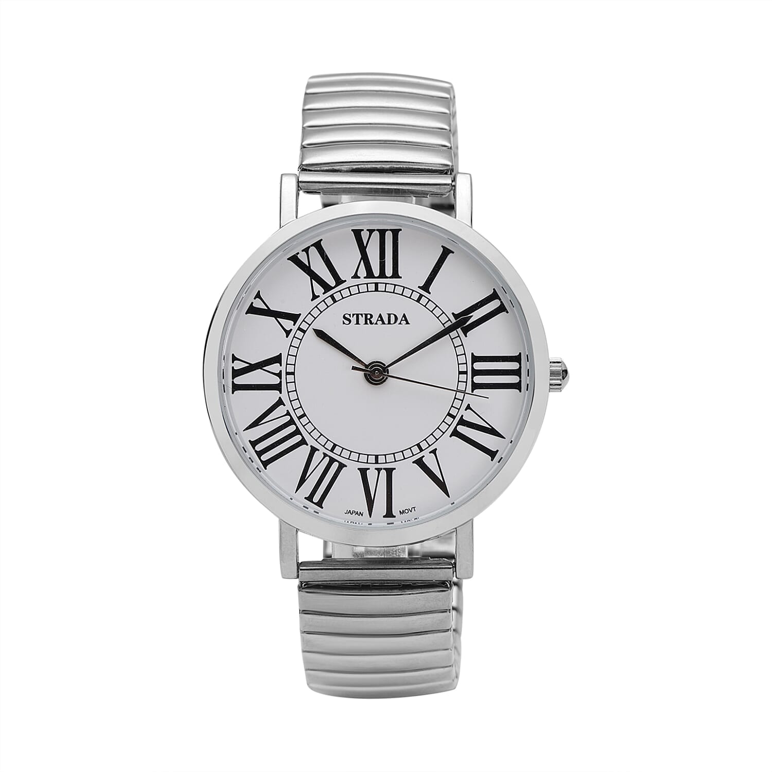 STRADA Japanese Movement Stretch Bangle Bracelet Watch in Silvertone