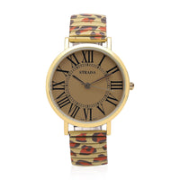 STRADA Japanese Movement Brown Dial Bracelet Watch in Goldtone with Brown Leopard Pattern Strap