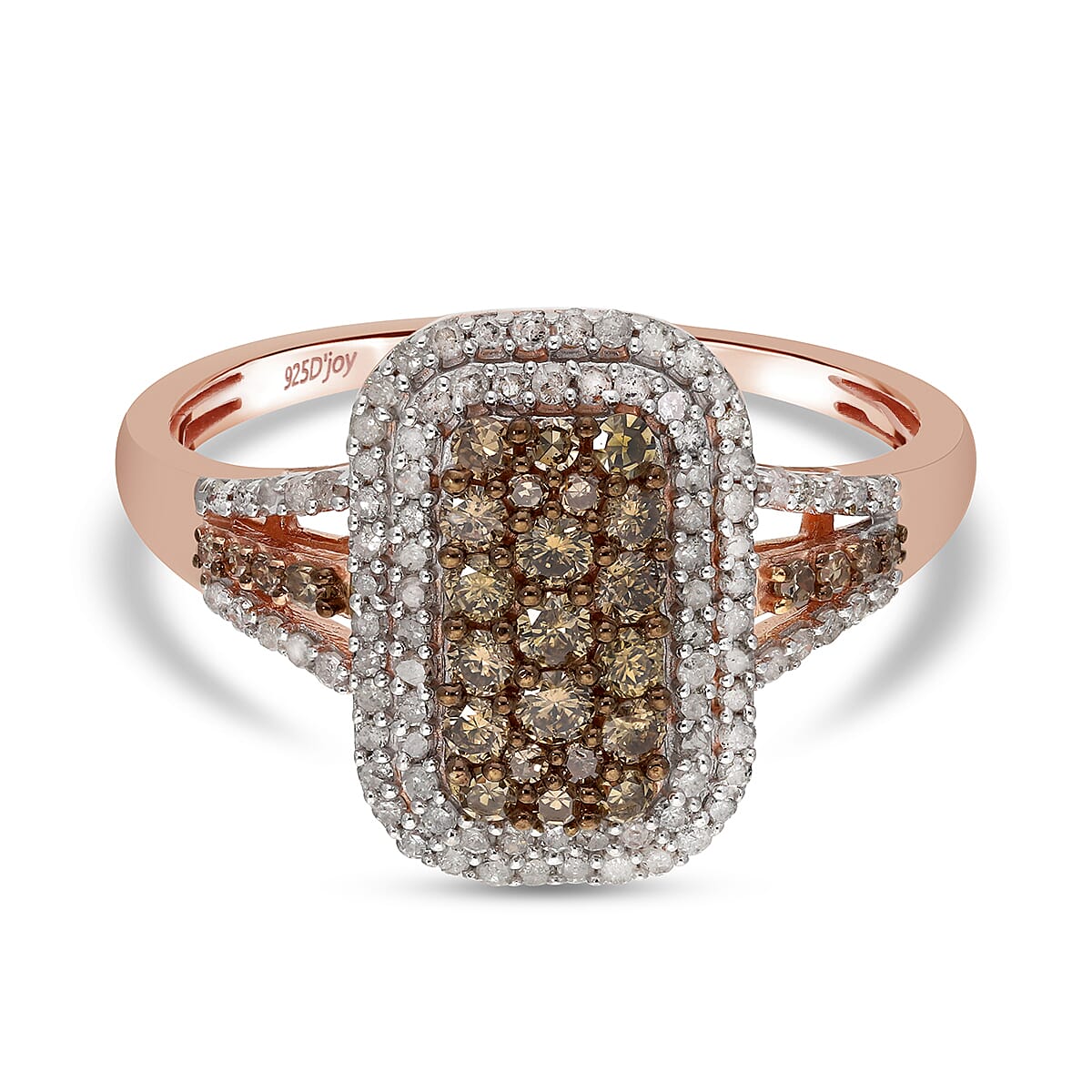 Natural Champagne and White Diamond Baguette Shape Double Halo Ring in Vermeil Rose Gold Over Sterling Silver 1.00 ctw