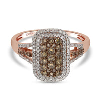 Natural Champagne and White Diamond Baguette Shape Double Halo Ring in Vermeil Rose Gold Over Sterling Silver (Size 6.0) 1.00 ctw