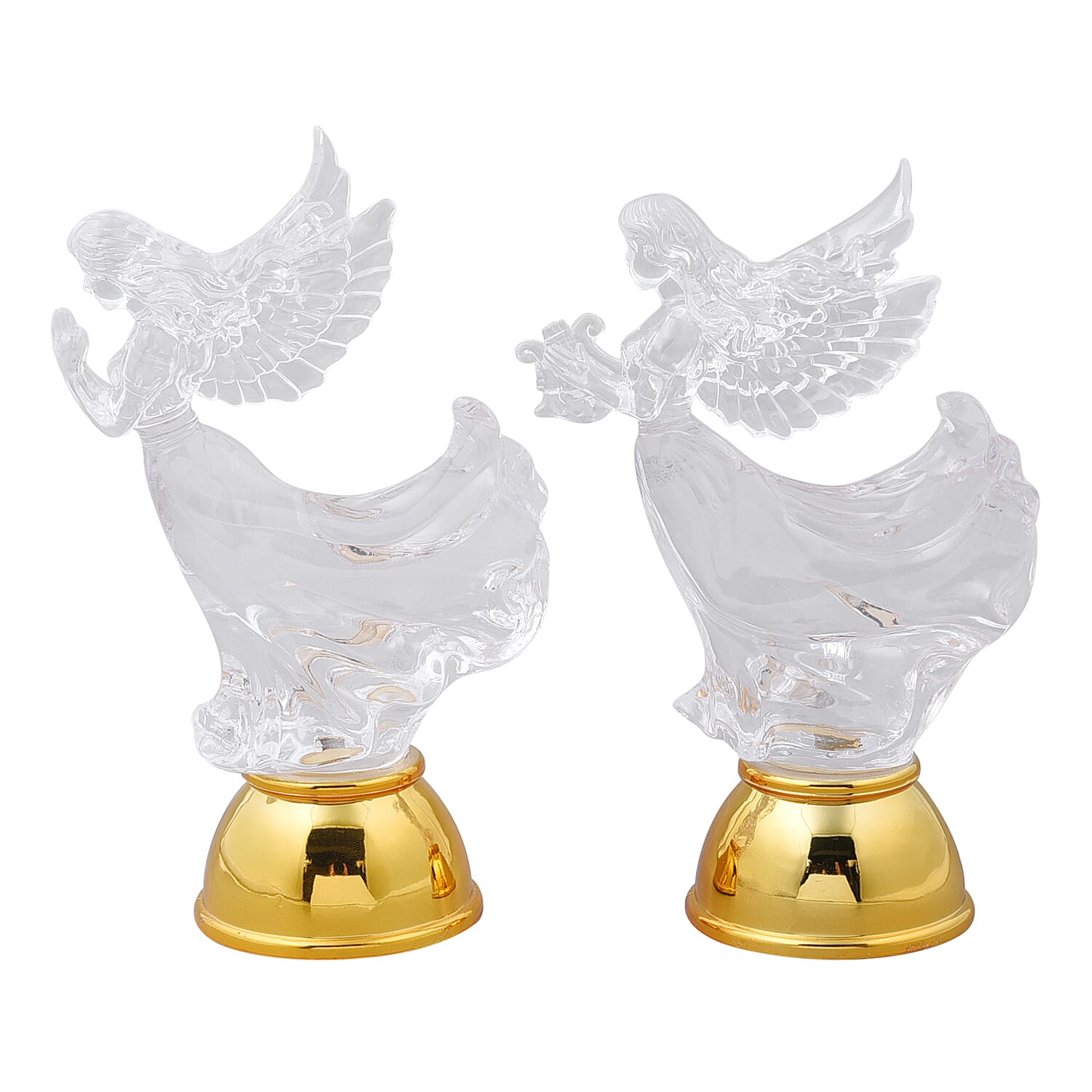 Set of 2 Flat Angel Gesture of Prayer and Holding The Harp with Multi Color Changing Light (3.54"x2.16"x6.29")
