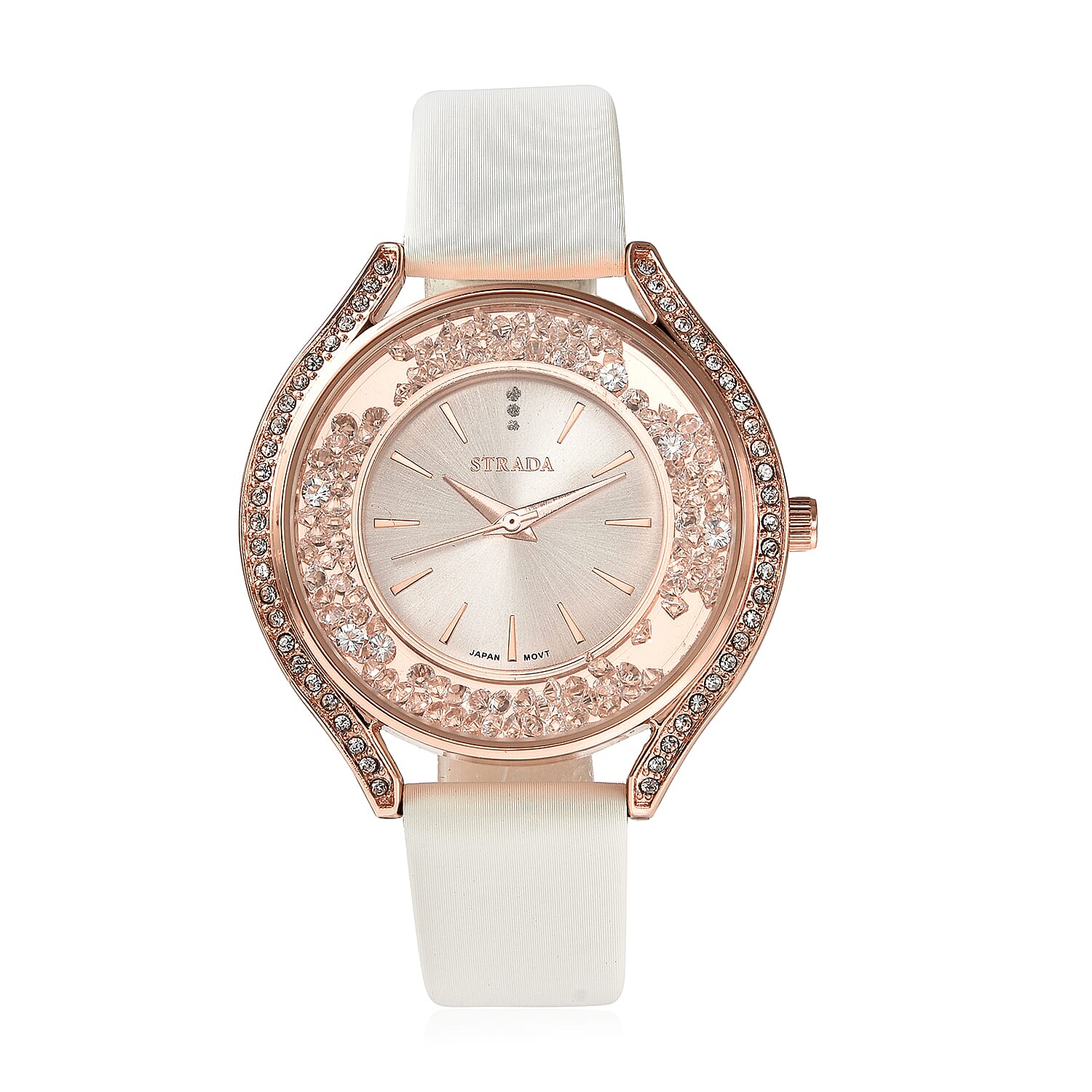 STRADA Japanese Movement White Austrian Crystal, Stardust Watch with White Faux Leather Strap