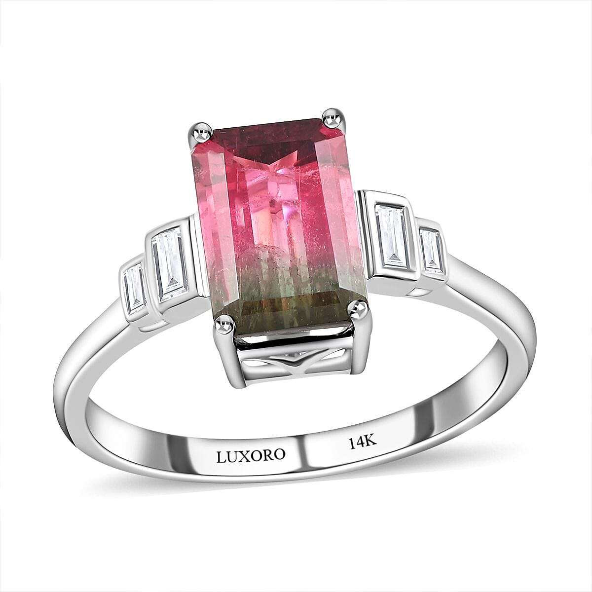 Certified and Appraised LUXORO 14K White Gold AAA Bi-Color Tourmaline and G-H I2 Diamond Ring 2.60 Grams 2.52 ctw