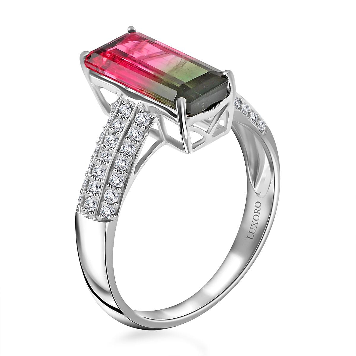 Certified and Appraised LUXORO 14K White Gold AAA Bi-Color Tourmaline and G-H I2 Diamond Ring 2.65 Grams 2.86 ctw