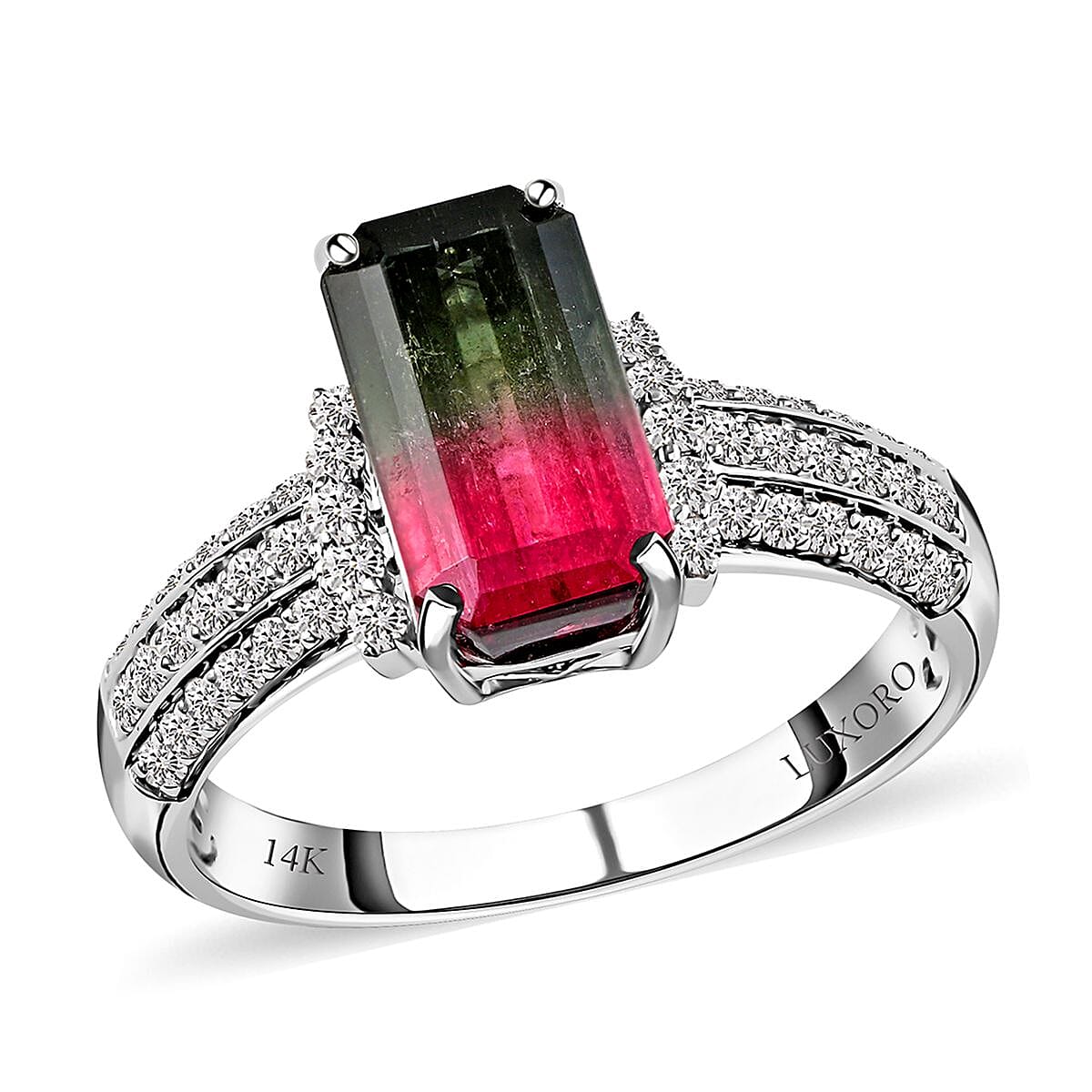 Certified and Appraised LUXORO 14K White Gold AAA Bi-Color Tourmaline and G-H I2 Diamond Ring 2.80 Grams 3.01 ctw