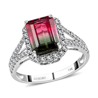 Certified and Appraised LUXORO 14K White Gold AAA Bi-Color Tourmaline and G-H I2 Diamond Split Shank Ring 2.60 Grams 3.70 ctw
