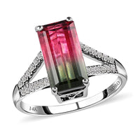 Certified and Appraised LUXORO 14K White Gold AAA Bi-Color Tourmaline and G-H I2 Diamond Split Shank Ring 2.60 Grams 3.85 ctw