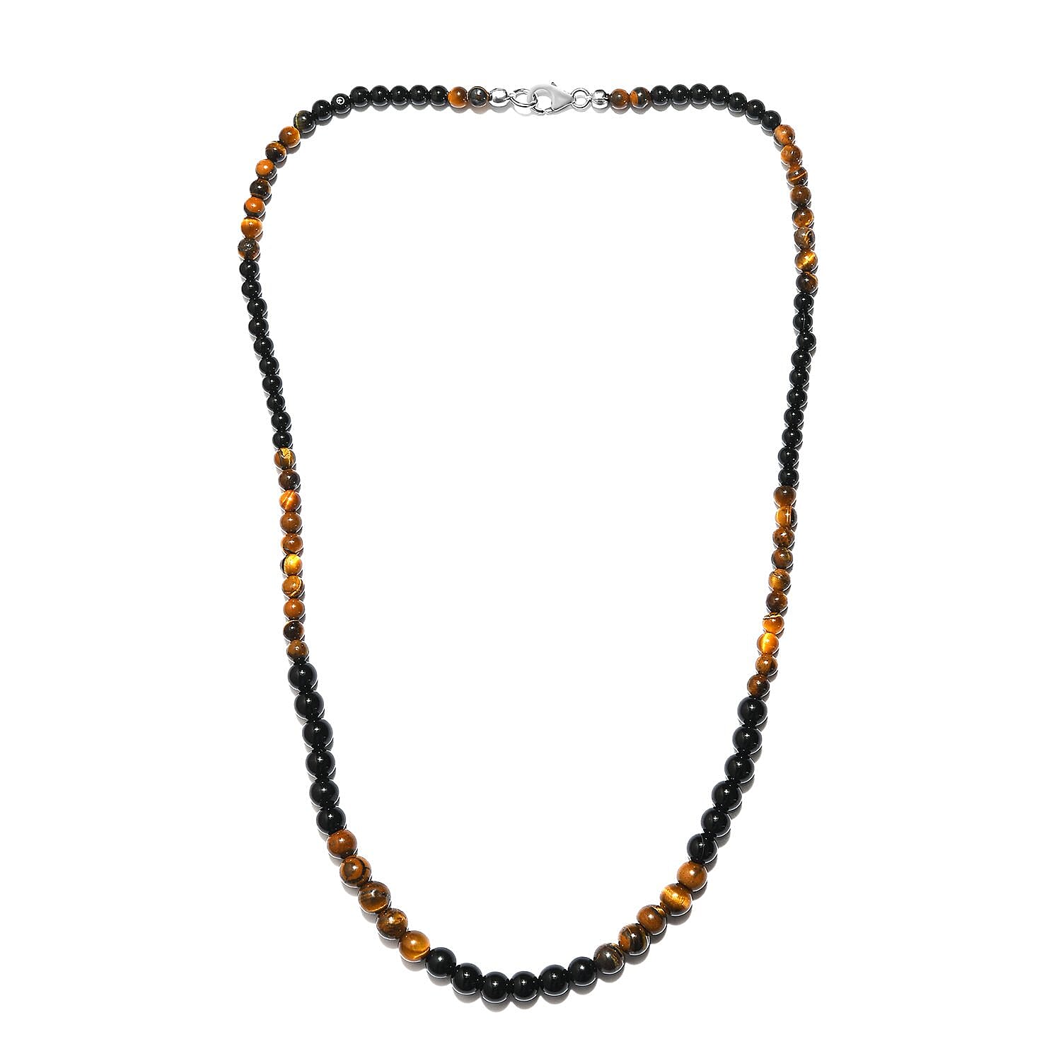 Tiger's Eye and Black Agate Beaded Necklace 20 Inches in Sterling Silver 97.25 ctw