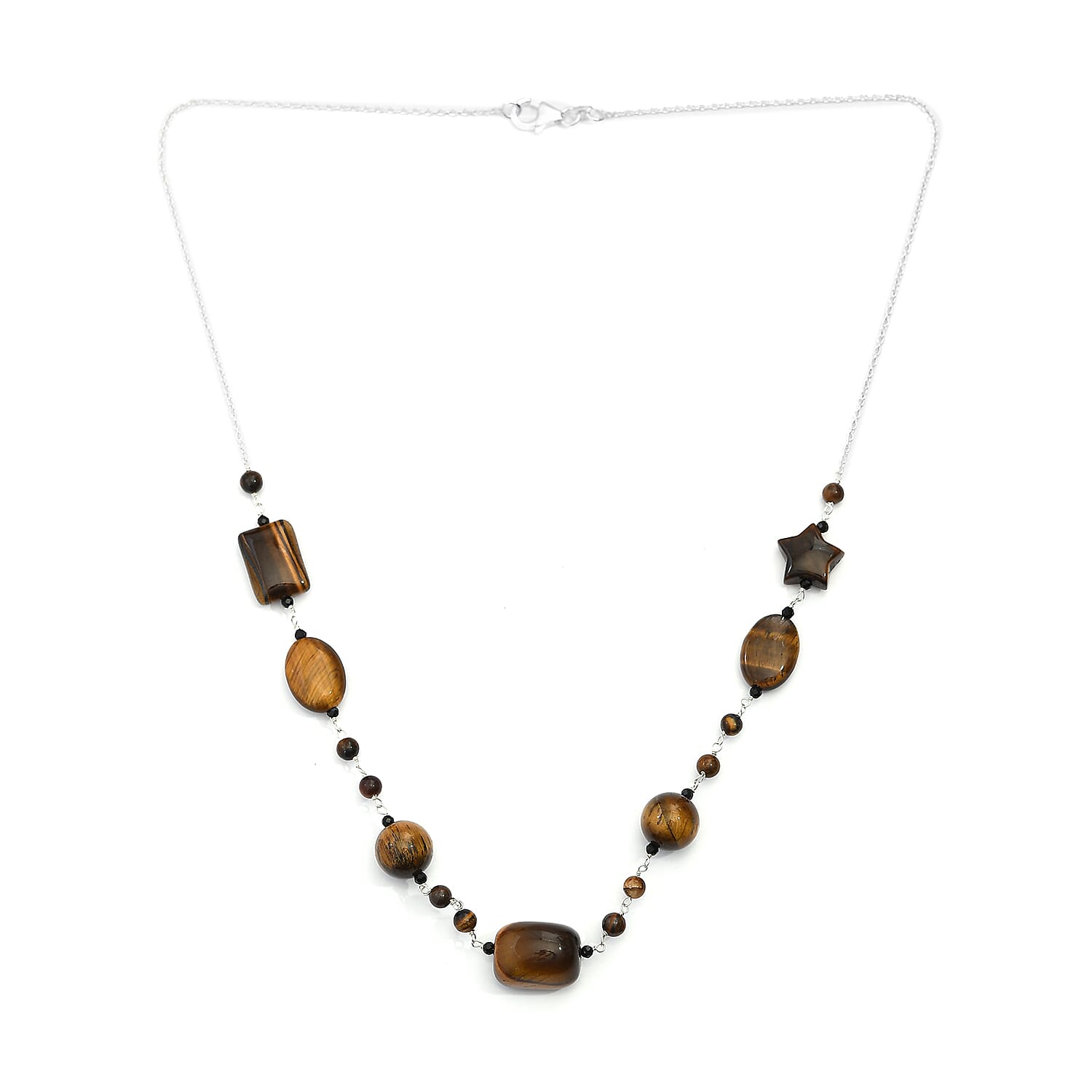 Tiger's Eye and Thai Black Spinel Station Necklace 20 Inches in Sterling Silver 78.90 ctw